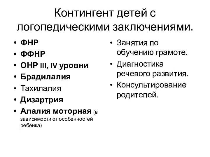 Контингент детей с логопедическими заключениями. ФНР ФФНР ОНР III, IV уровни Брадилалия