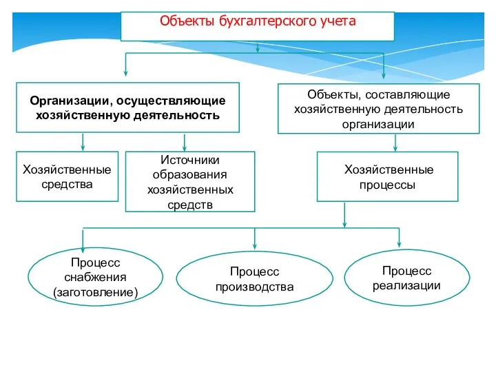 Объекты бухгалтерского учета Объекты, составляющие хозяйственную деятельность организации Хозяйственные процессы Источники образования