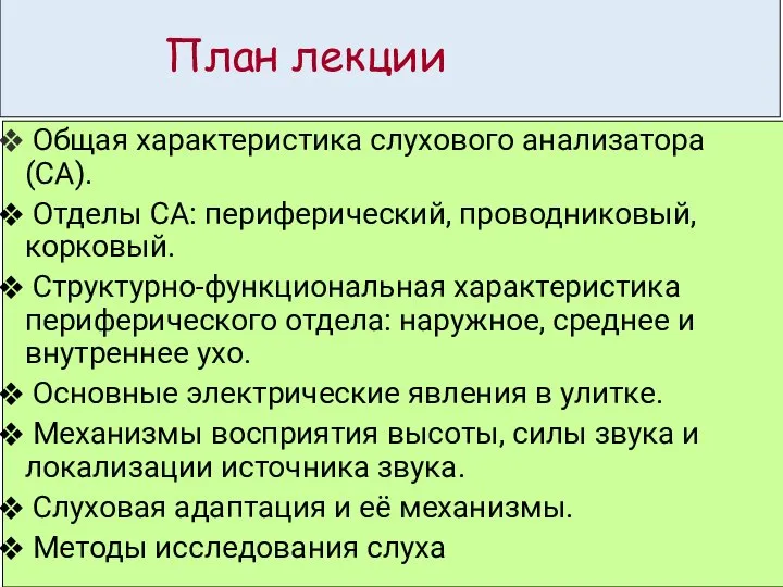 План лекции Общая характеристика слухового анализатора (СА). Отделы СА: периферический, проводниковый, корковый.