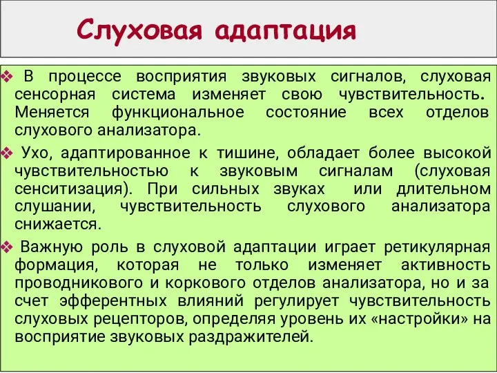 Слуховая адаптация В процессе восприятия звуковых сигналов, слуховая сенсорная система изменяет свою