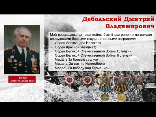 Дебольский Дмитрий Владимирович Мой прадедушка за годы войны был 5 раз ранен