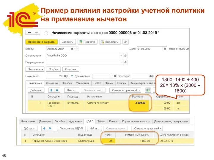 Пример влияния настройки учетной политики на применение вычетов 1800=1400 + 400 26=