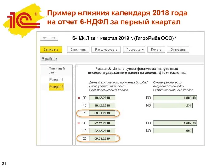 Пример влияния календаря 2018 года на отчет 6-НДФЛ за первый квартал