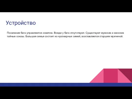 Устройство Поселения бага управляются советом. Вожди у бага отсутствуют. Существуют мужские и