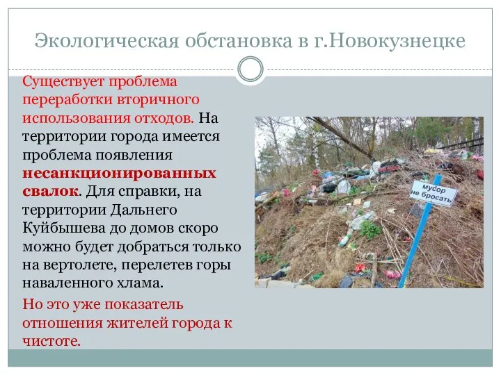 Экологическая обстановка в г.Новокузнецке Существует проблема переработки вторичного использования отходов. На территории