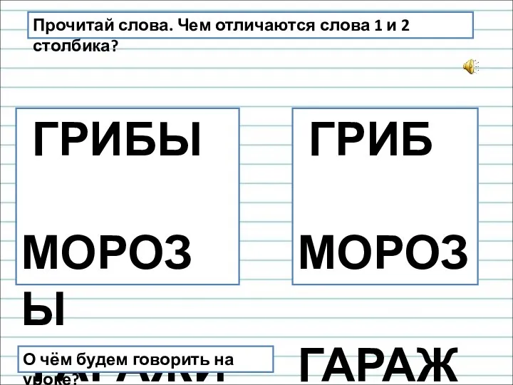 Прочитай слова. Чем отличаются слова 1 и 2 столбика? ГРИБЫ МОРОЗЫ ГАРАЖИ