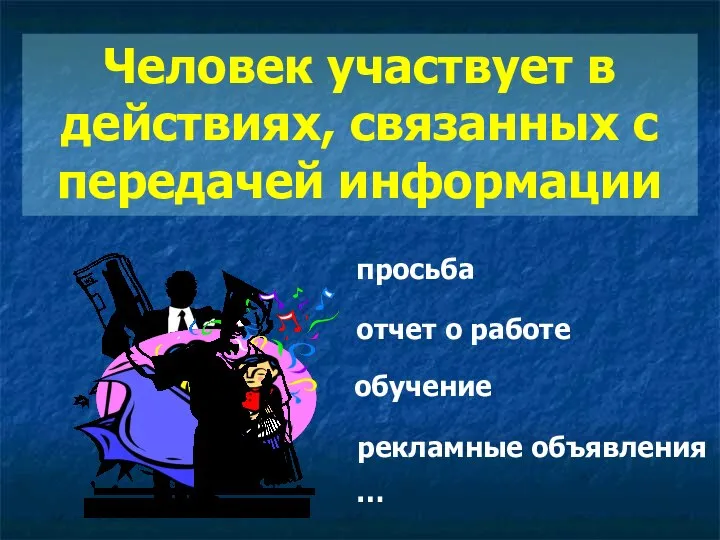 Человек участвует в действиях, связанных с передачей информации просьба отчет о работе обучение рекламные объявления …