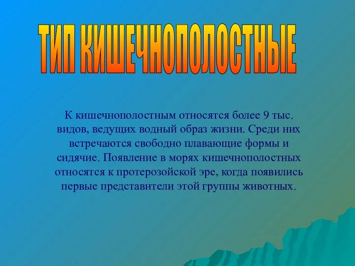 ТИП КИШЕЧНОПОЛОСТНЫЕ К кишечнополостным относятся более 9 тыс. видов, ведущих водный образ