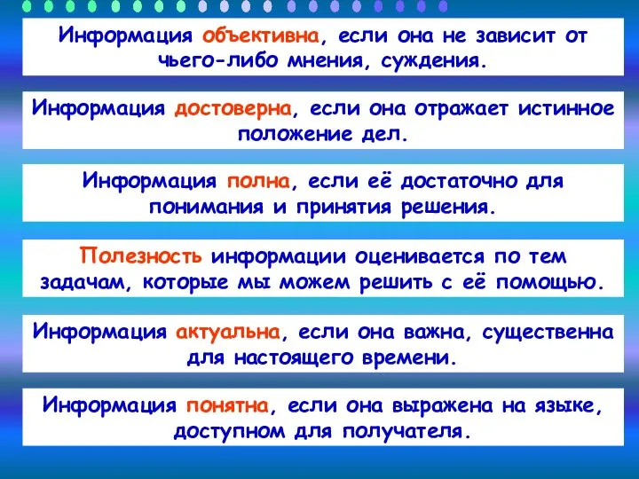 Информация объективна, если она не зависит от чьего-либо мнения, суждения. Информация достоверна,