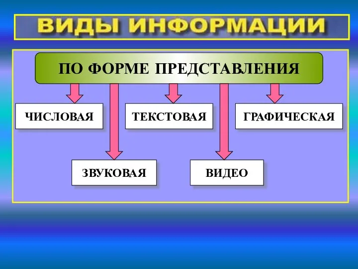 ПО ФОРМЕ ПРЕДСТАВЛЕНИЯ ТЕКСТОВАЯ ЧИСЛОВАЯ ГРАФИЧЕСКАЯ ЗВУКОВАЯ ВИДЕО