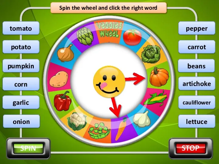 Spin the wheel and click the right word carrot potato onion corn