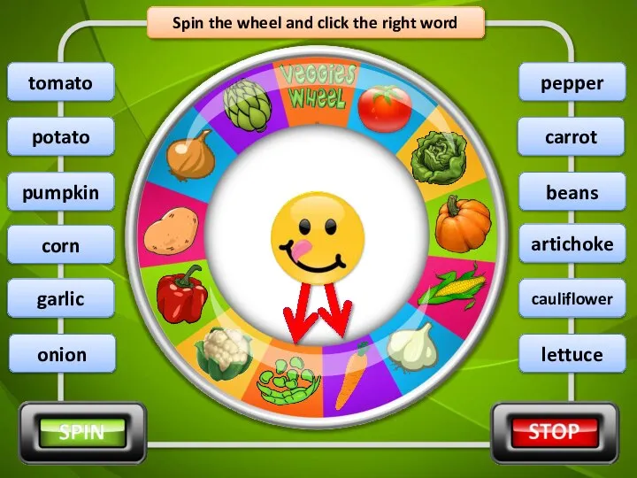 Spin the wheel and click the right word beans potato onion corn