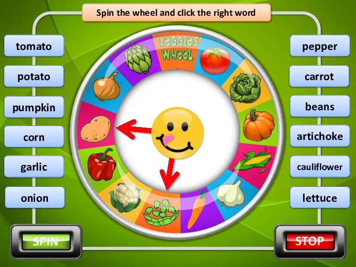 Spin the wheel and click the right word potato beans onion corn