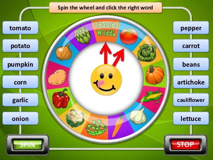 Spin the wheel and click the right word tomato potato pumpkin corn