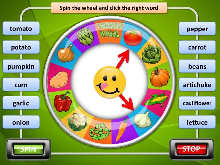 Spin the wheel and click the right word garlic potato pumpkin corn