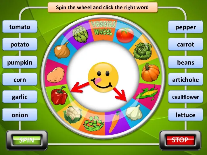 Spin the wheel and click the right word pepper potato pumpkin corn