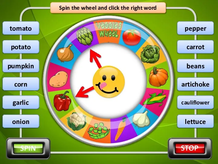 Spin the wheel and click the right word artichoke potato pumpkin corn