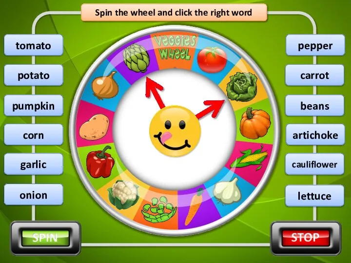 Spin the wheel and click the right word lettuce potato pumpkin corn