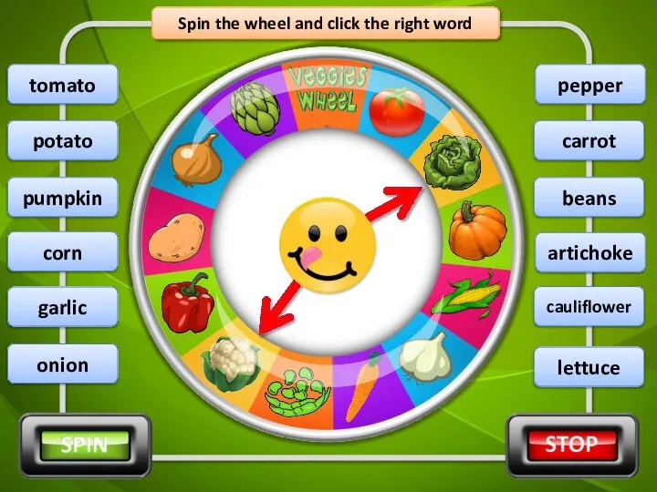 Spin the wheel and click the right word cauliflower potato pumpkin corn