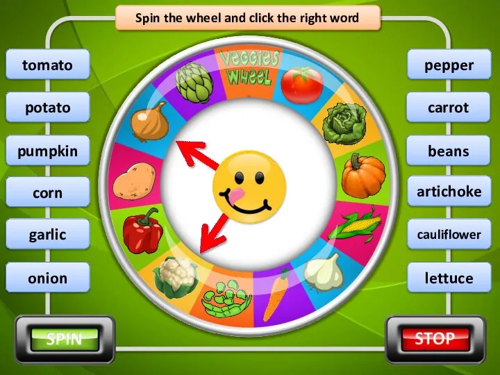 Spin the wheel and click the right word onion potato pumpkin corn