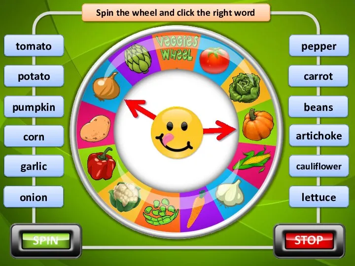 Spin the wheel and click the right word pumpkin potato onion corn