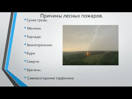 Причины лесных пожаров. Сухие грозы. Молнии. Торнадо. Землетрясения. Бури. Смерчи. Ураганы. Самовозгорание торфяника