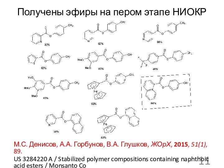 М.С. Денисов, А.А. Горбунов, В.А. Глушков, ЖОрХ, 2015, 51(1), 89. US 3284220