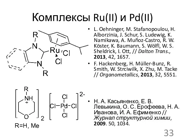 Комплексы Ru(II) и Pd(II) L. Oehninger, M. Stafanopoulou, H. Alborzinia, J. Schur,