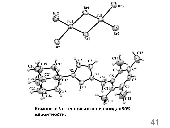 Комплекс 5 в тепловых эллипсоидах 50% вероятности.