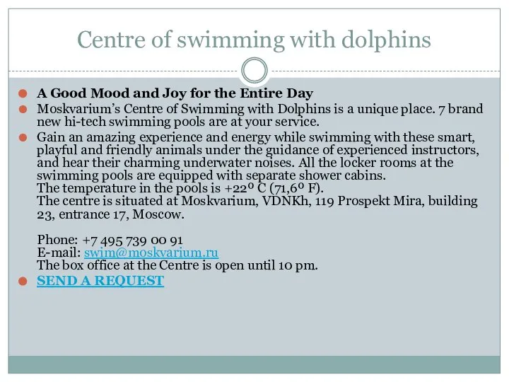 Centre of swimming with dolphins A Good Mood and Joy for the