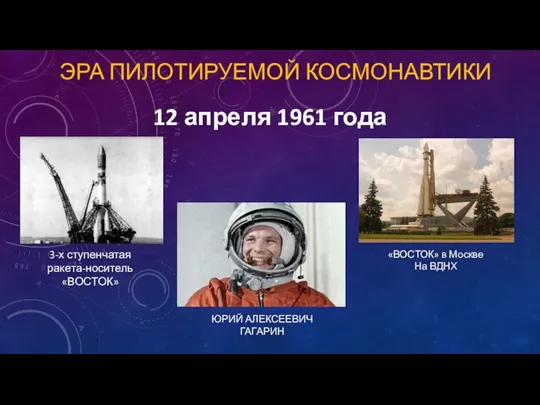 ЭРА ПИЛОТИРУЕМОЙ КОСМОНАВТИКИ 12 апреля 1961 года 3-х ступенчатая ракета-носитель «ВОСТОК» ЮРИЙ