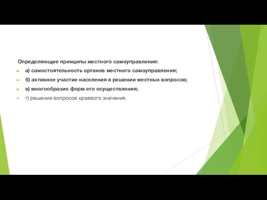 Определяющие принципы местного самоуправления: а) самостоятельность органов местного самоуправления; б) активное участие