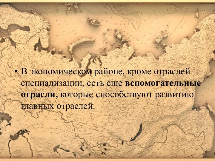 В экономическом районе, кроме отраслей специализации, есть еще вспомогательные отрасли, которые способствуют развитию главных отраслей.