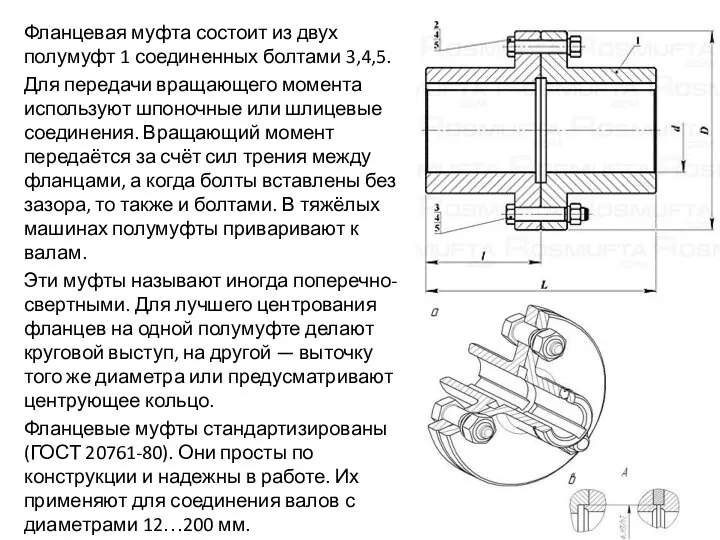 Фланцевая муфта состоит из двух полумуфт 1 соединенных болтами 3,4,5. Для передачи