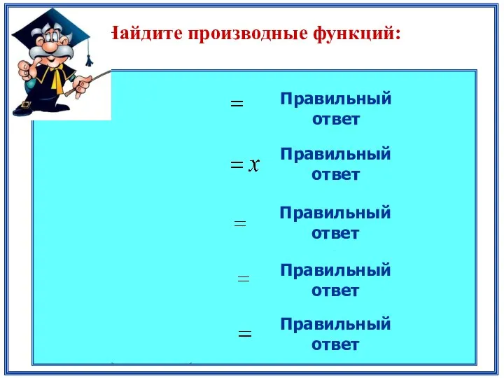 Найдите производные функций: Правильный ответ Правильный ответ Правильный ответ Правильный ответ Правильный ответ