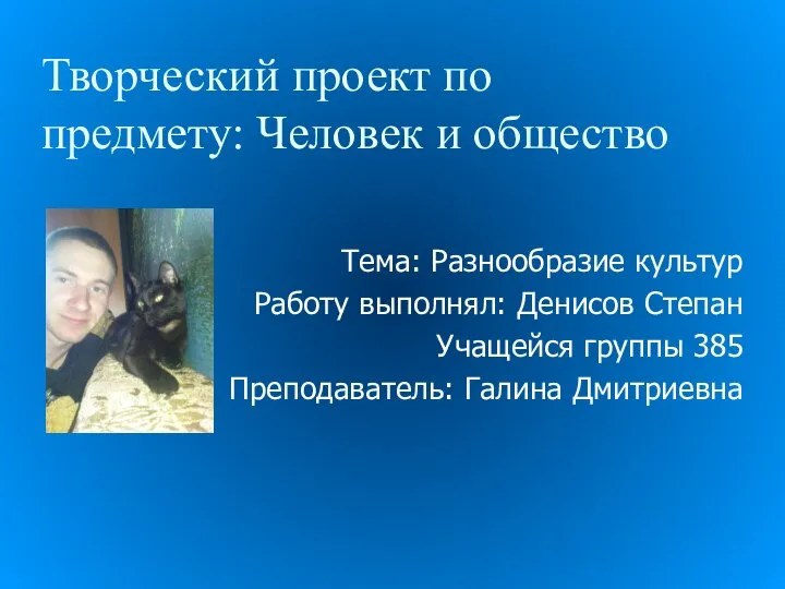 Тема: Разнообразие культур Работу выполнял: Денисов Степан Учащейся группы 385 Преподаватель: Галина