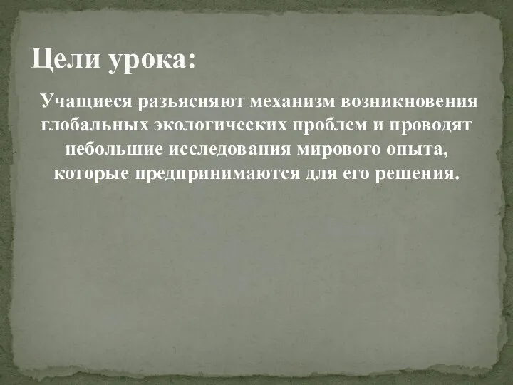 Учащиеся разъясняют механизм возникновения глобальных экологических проблем и проводят небольшие исследования мирового