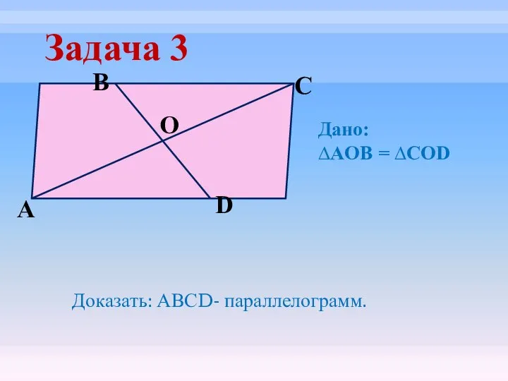 Задача 3 O D C B А Доказать: АВСD- параллелограмм. Дано: ∆AOB = ∆COD