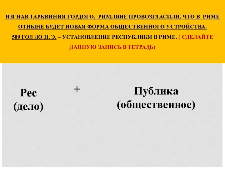 ИЗГНАВ ТАРКВИНИЯ ГОРДОГО, РИМЛЯНЕ ПРОВОЗГЛАСИЛИ, ЧТО В РИМЕ ОТНЫНЕ БУДЕТ НОВАЯ ФОРМА