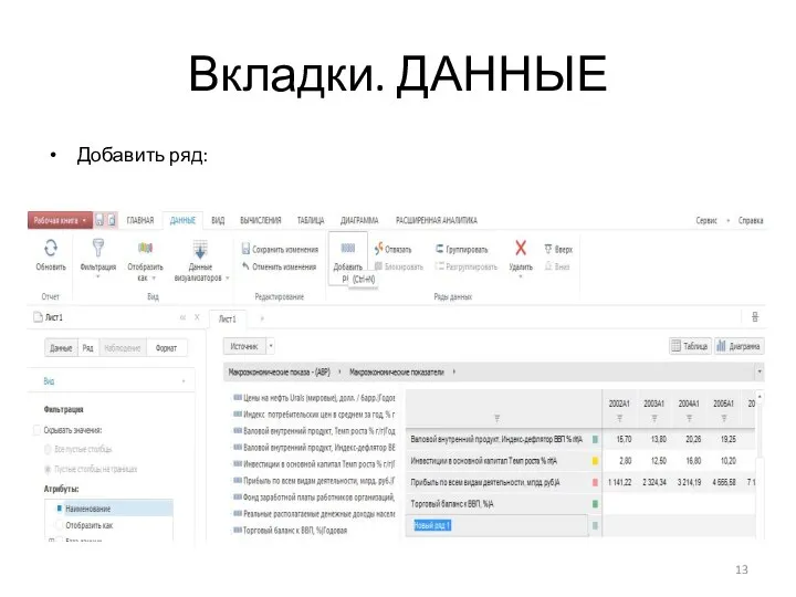 Вкладки. ДАННЫЕ Добавить ряд: