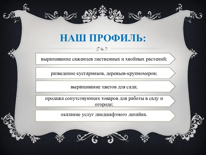 НАШ ПРОФИЛЬ: оказание услуг ландшафтного дизайна. выращивание саженцев лиственных и хвойных растений;