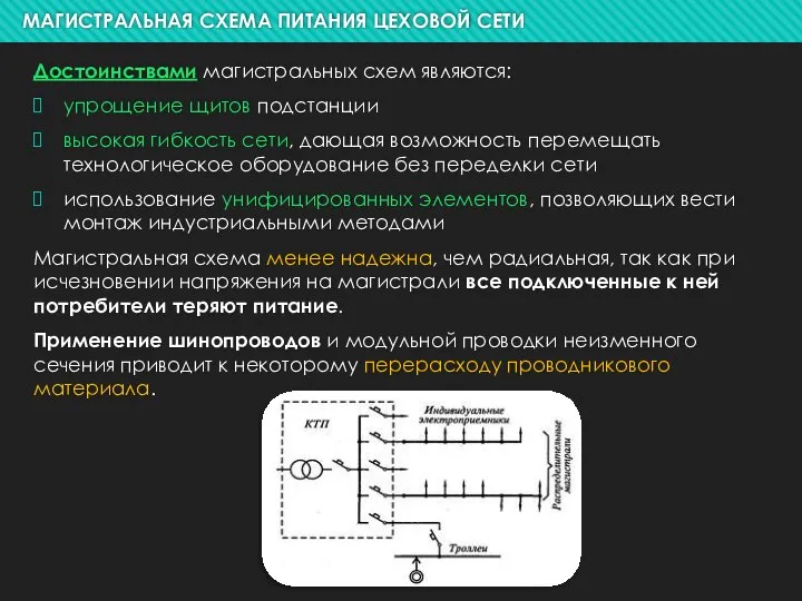 Достоинствами магистральных схем являются: упрощение щитов подстанции высокая гибкость сети, дающая возможность