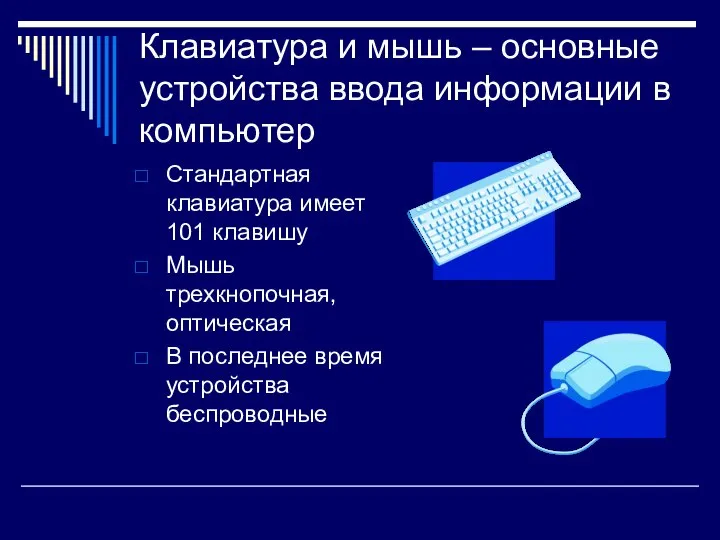 Клавиатура и мышь – основные устройства ввода информации в компьютер Стандартная клавиатура