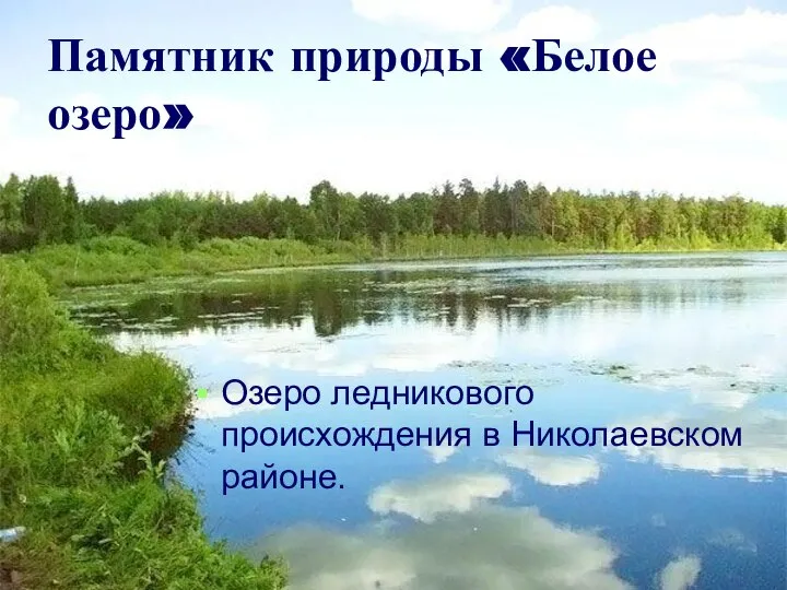 Памятник природы «Белое озеро» Озеро ледникового происхождения в Николаевском районе.