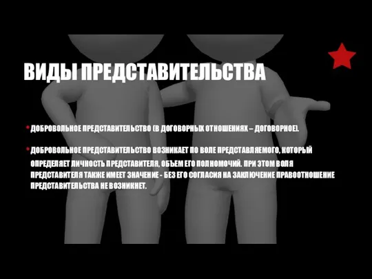 ВИДЫ ПРЕДСТАВИТЕЛЬСТВА ДОБРОВОЛЬНОЕ ПРЕДСТАВИТЕЛЬСТВО (В ДОГОВОРНЫХ ОТНОШЕНИЯХ – ДОГОВОРНОЕ). ДОБРОВОЛЬНОЕ ПРЕДСТАВИТЕЛЬСТВО ВОЗНИКАЕТ