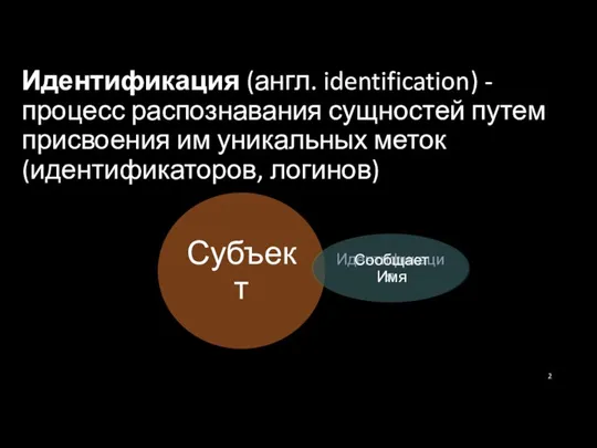 Идентификация (англ. identification) - процесс распознавания сущностей путем присвоения им уникальных меток (идентификаторов, логинов)