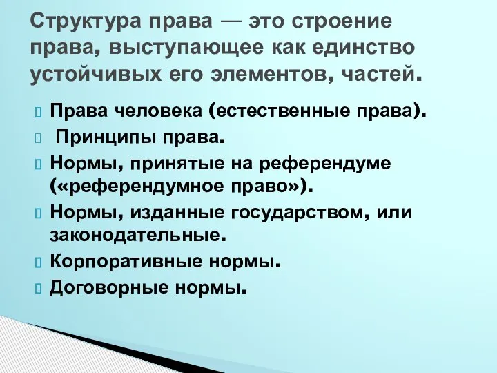 Права человека (естественные права). Принципы права. Нормы, принятые на референдуме («референдумное право»).