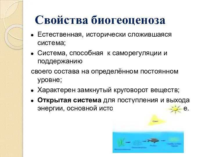 Свойства биогеоценоза Естественная, исторически сложившаяся система; Система, способная к саморегуляции и поддержанию