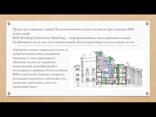 Проект реставрации здания Политехнического музея создавали при помощи BIM-технологий. BIM (Building Information