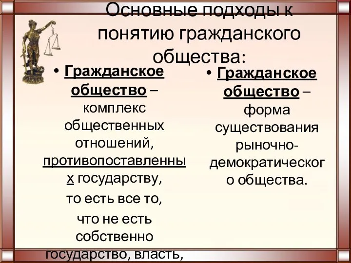 Основные подходы к понятию гражданского общества: Гражданское общество – комплекс общественных отношений,